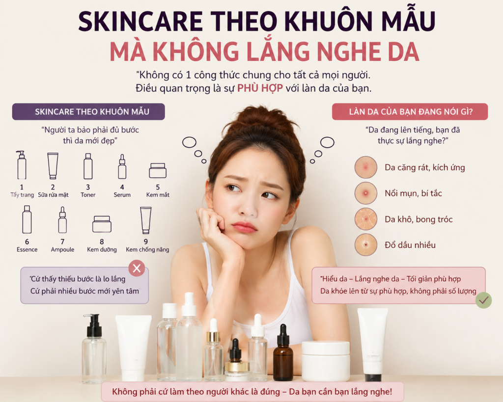 Nhiều chị em cứ lên mạng xem dùng sản phẩm gì là tốt, nhưng đâu có nghĩ mỗi nền da sẽ có tình trạng khác nhau thì sẽ cần những hoạt chất khác nhau